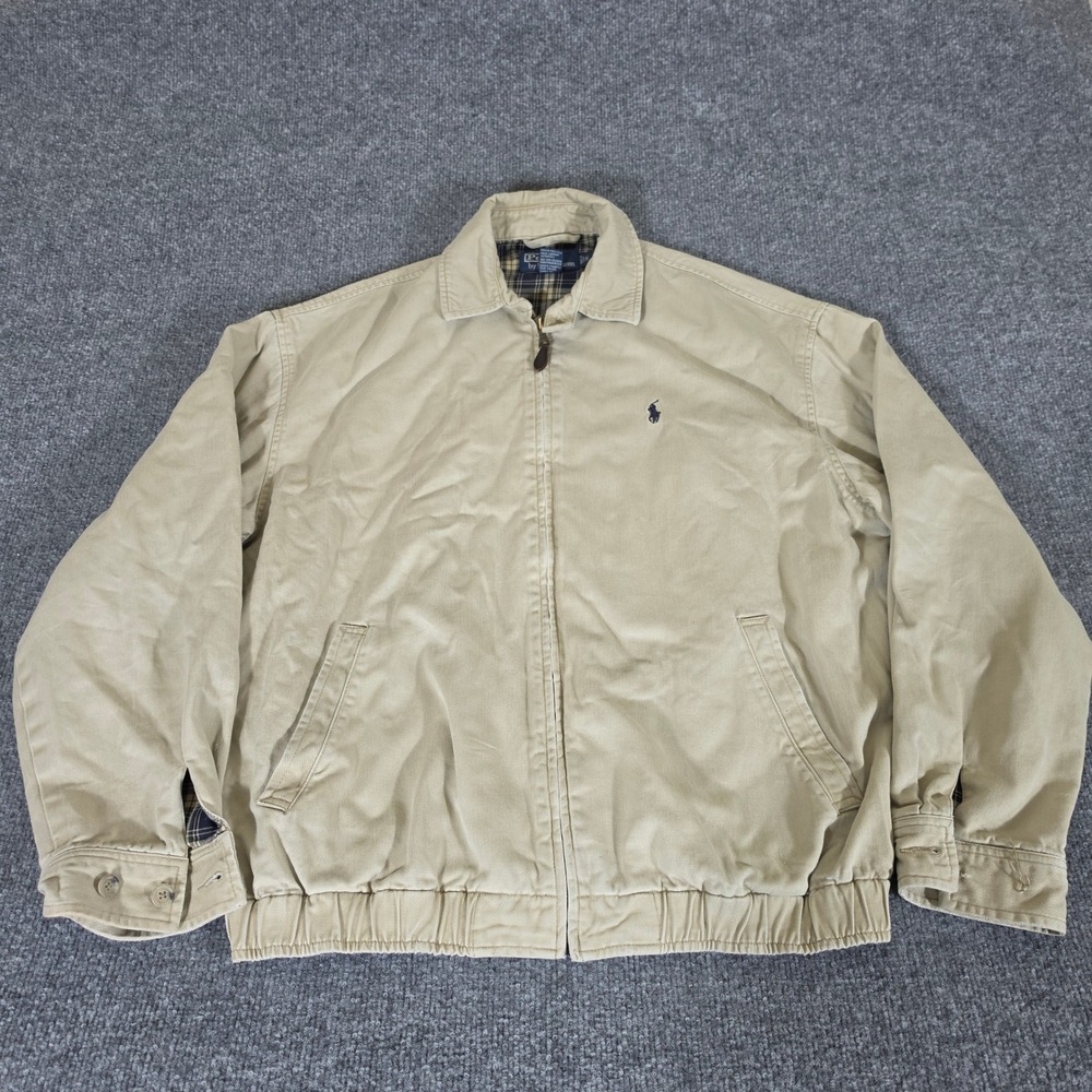Polo Ralph Lauren Mens Small Tan Cotton Plaid Lined Harrington Jacket Old Money